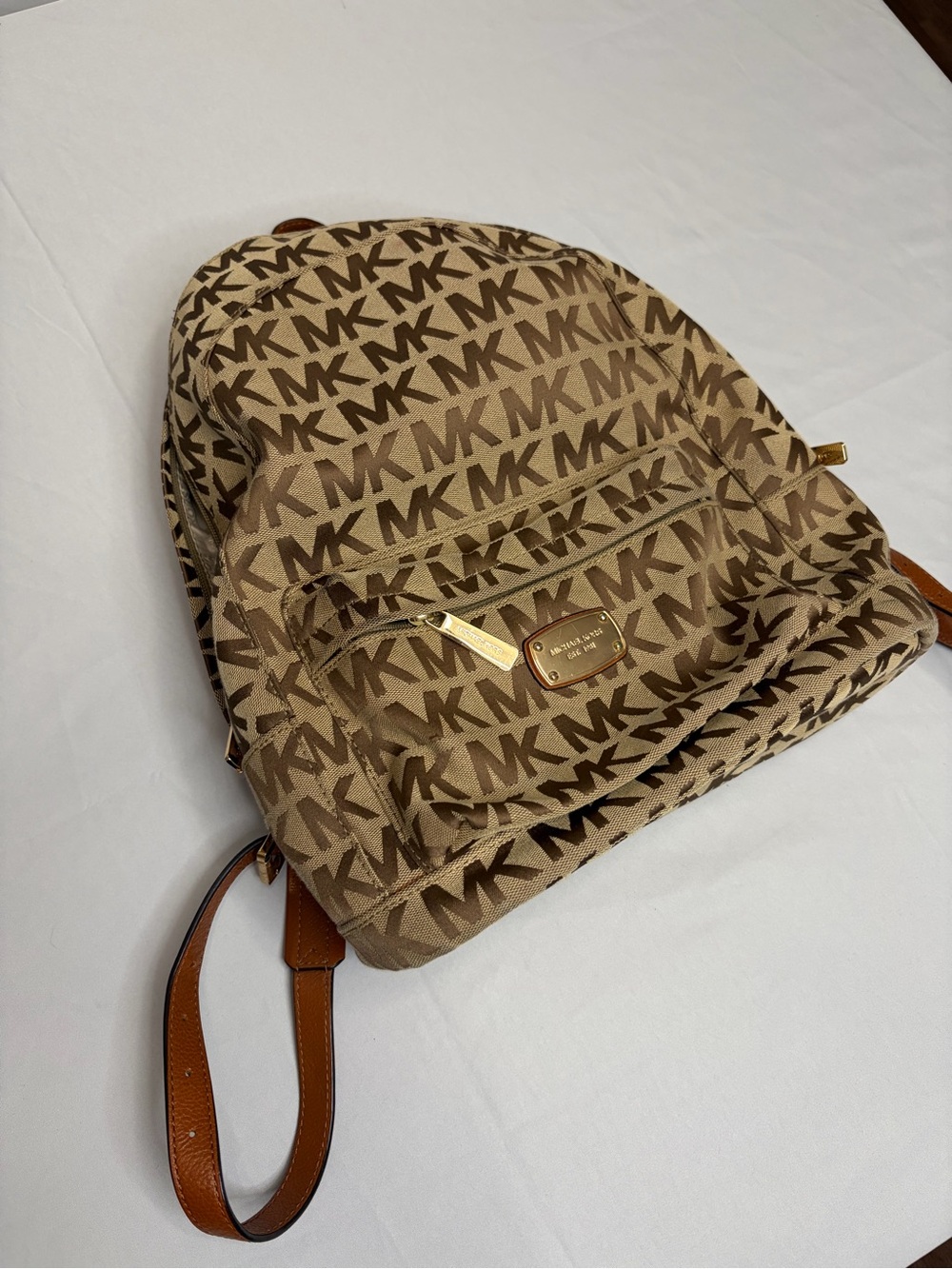 Michael Kors Tan MK Monogram Backpack with Gold Hardware